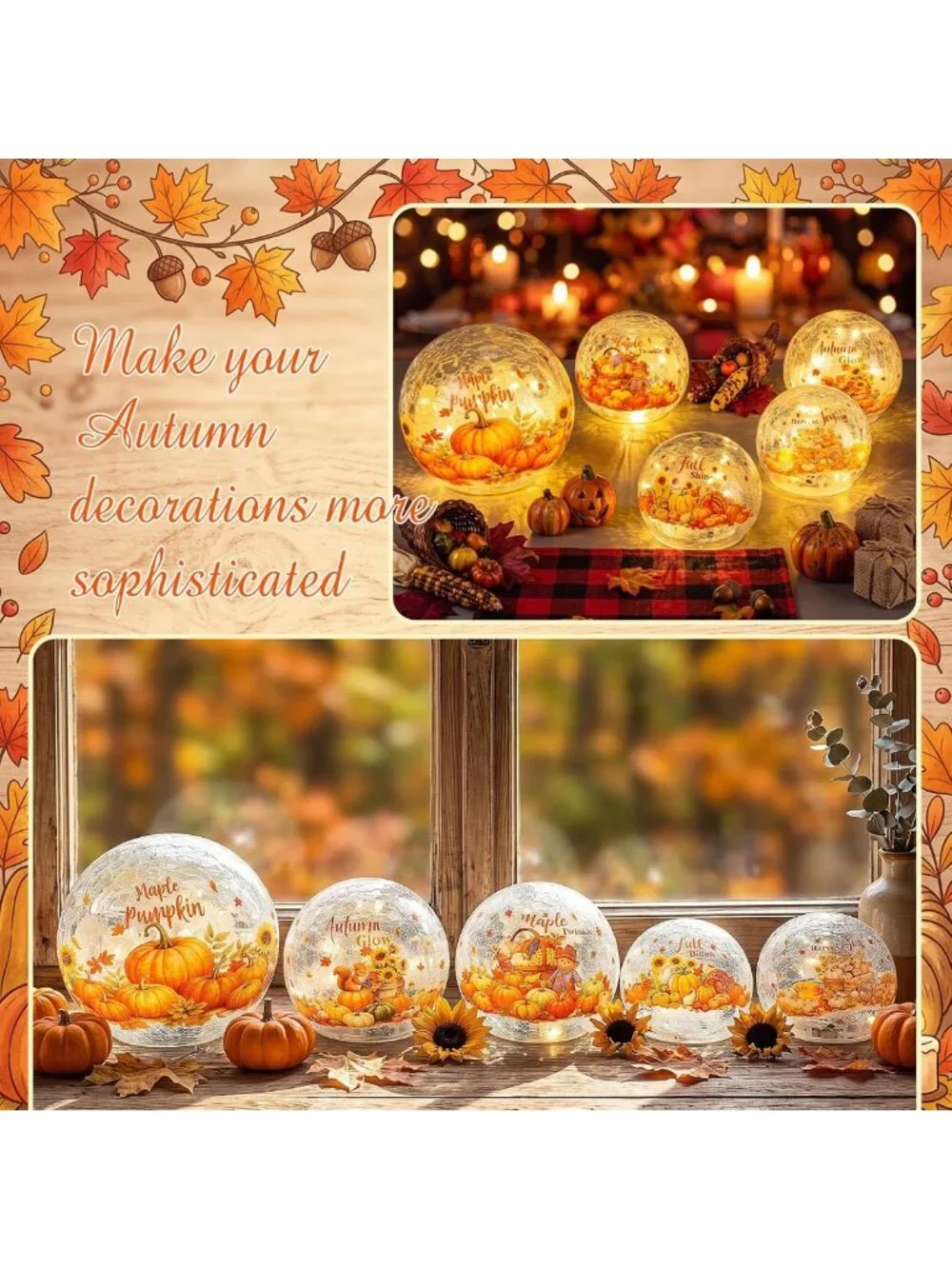 5 Pcs Lighted Crackle Glass Pumpkin Globes - Fall Tabletop Decor for